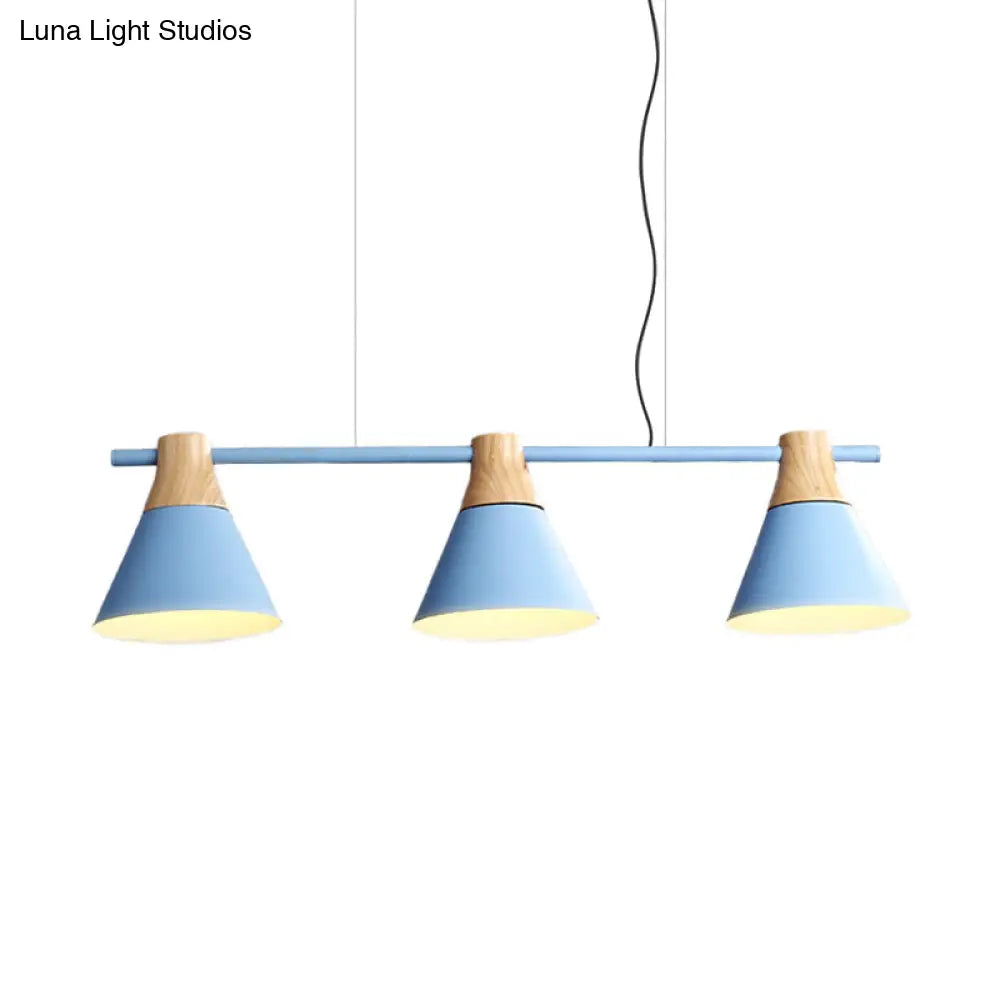 Modern Iron Cone Suspension Light With 3 Bulbs In Yellow/Blue/Green - Linear Design For Dining Room