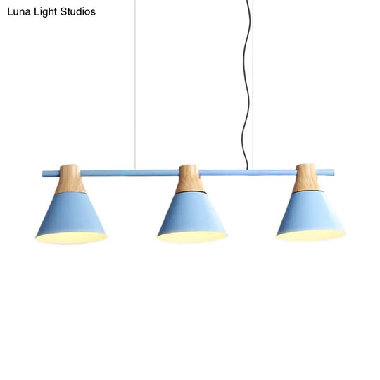 Modern Iron Cone Suspension Light With 3 Bulbs In Yellow/Blue/Green - Linear Design For Dining Room