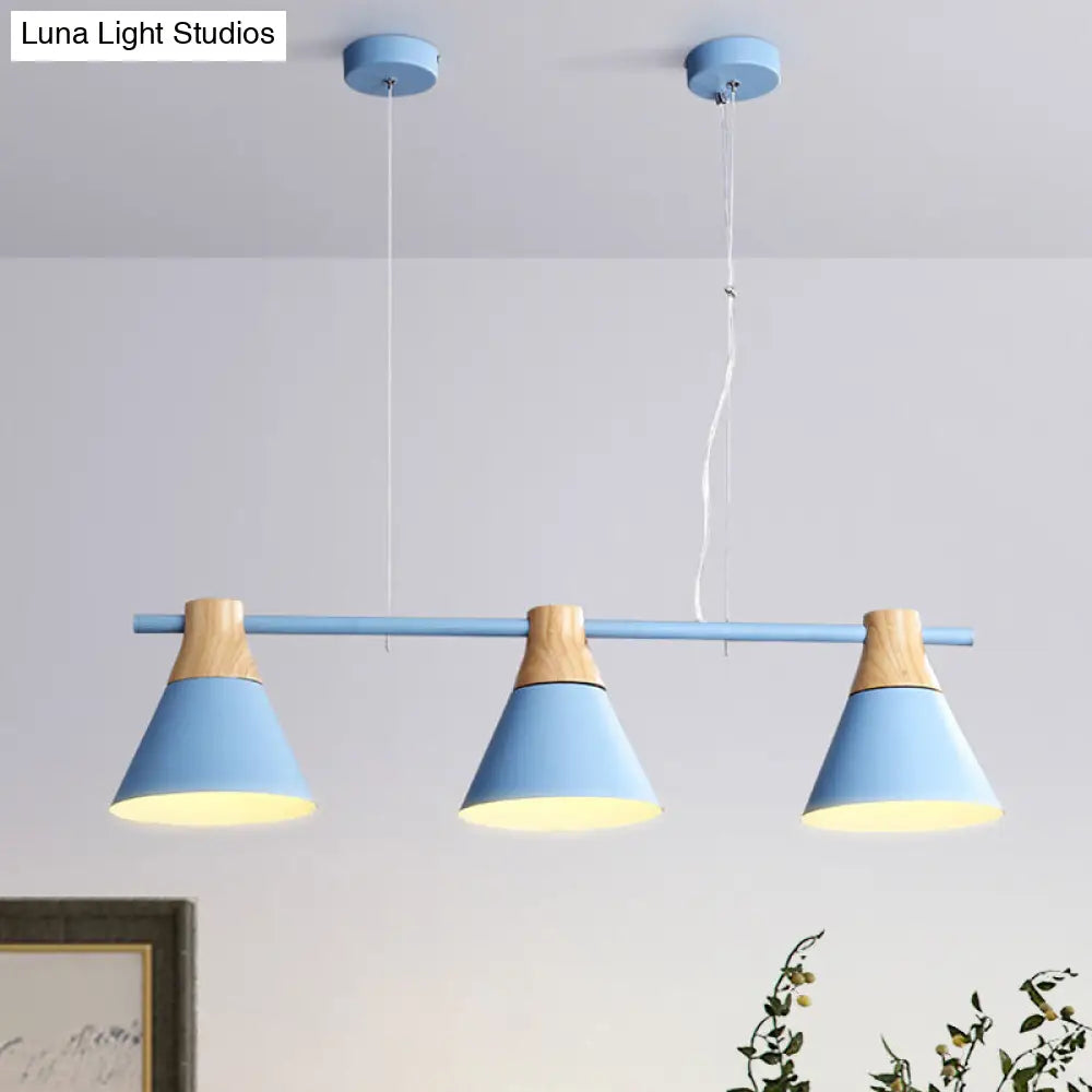 Modern Cone Dining Room Suspension Light With Linear Design - 3 Bulbs Pendant In Yellow/Blue/Green