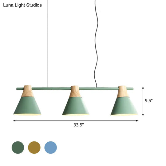 Modern Iron Cone Suspension Light With 3 Bulbs In Yellow/Blue/Green - Linear Design For Dining Room