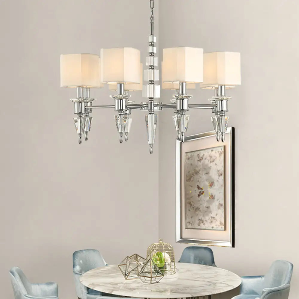 Modern Iron Cube Ceiling Pendant With 6 Lights & Fabric Shade - Chrome Hanging Chandelier Fixture