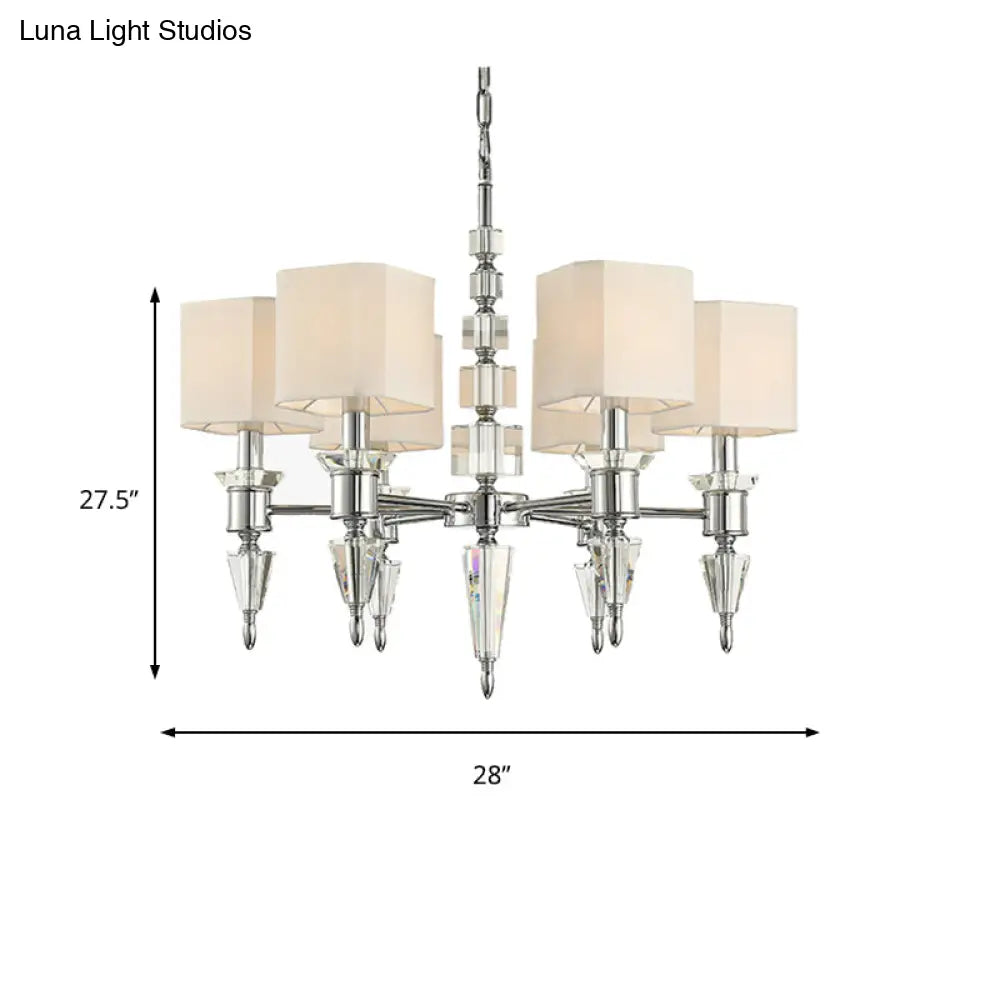 Modern Iron Cube Ceiling Pendant With 6 Lights & Fabric Shade - Chrome Hanging Chandelier Fixture