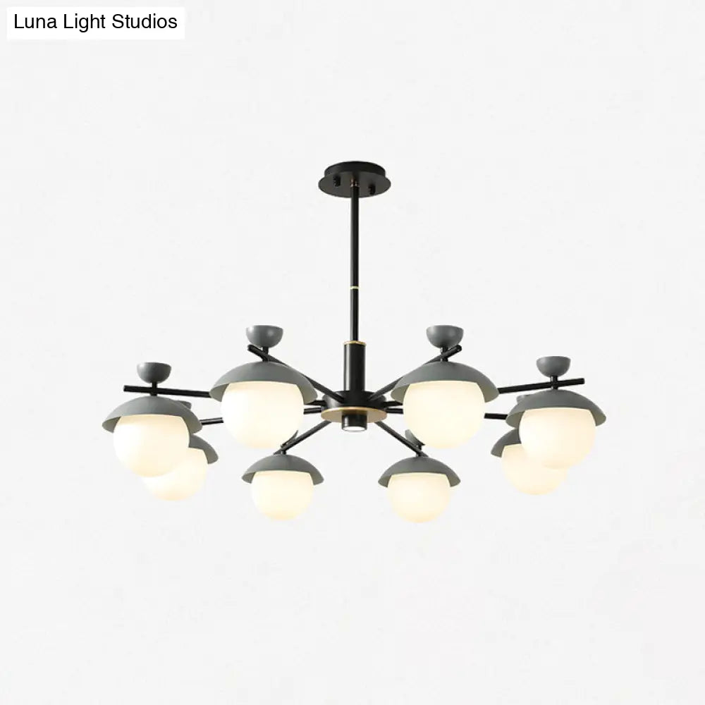 Modern Iron Dome 8-Head Black And Grey Radial Pendant Chandelier With White Glass Shade