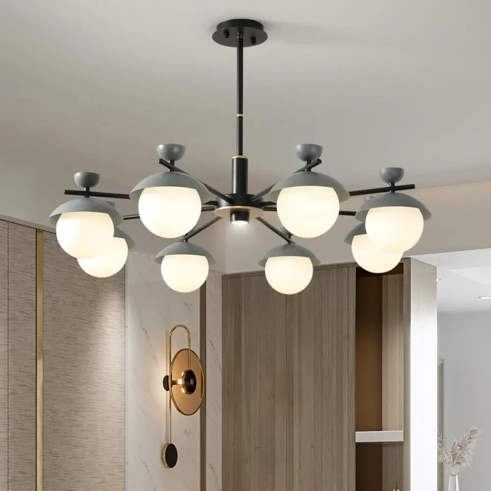 Modern Iron Dome 8-Head Black And Grey Radial Pendant Chandelier With White Glass Shade