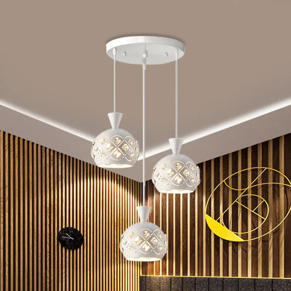 Modern Iron Domed Suspension Light With 3-Light Crystal Multi Ceiling Lamp In White