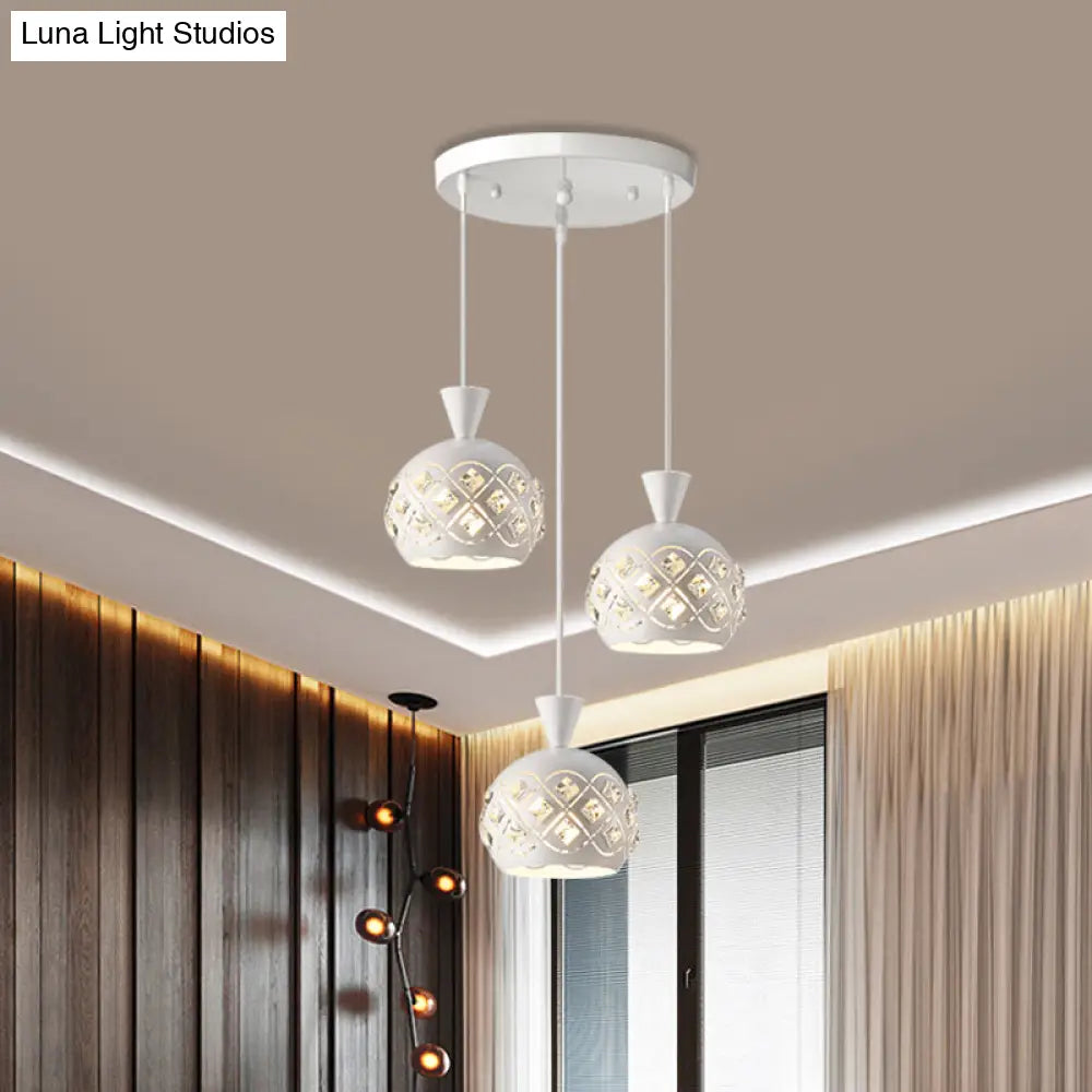 Modern Iron Domed Suspension Light With 3-Light Crystal Multi Ceiling Lamp In White