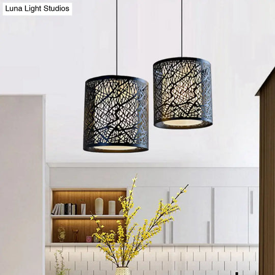 Modern Black Iron Drum Pendant Light With Etched Design - 1 Ceiling Hanging Fixture