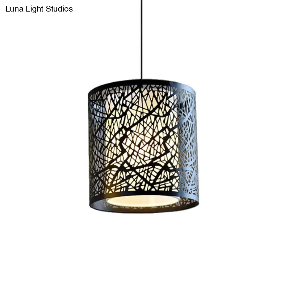 Modern Black Iron Drum Pendant Light With Etched Design - 1 Ceiling Hanging Fixture