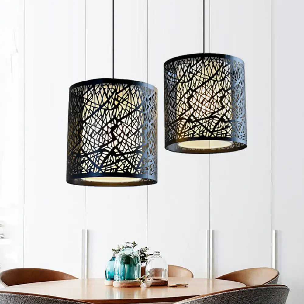 Modern Iron Drum Pendant Light With Etched Design - Black Shade