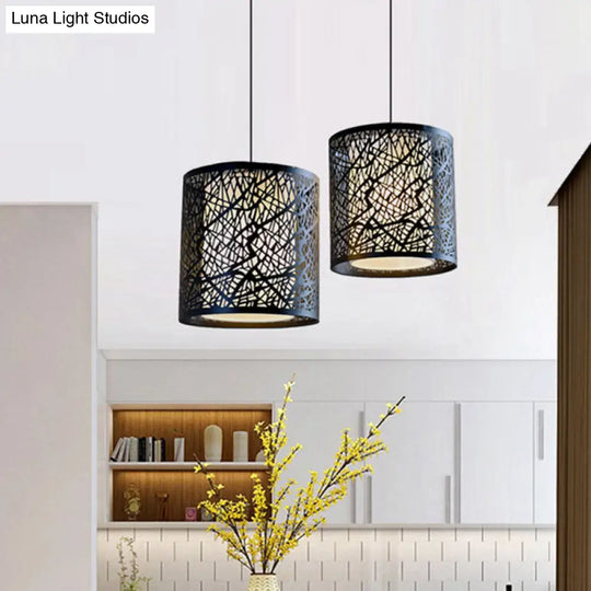 Modern Iron Drum Pendant Light With Etched Design - Black Shade