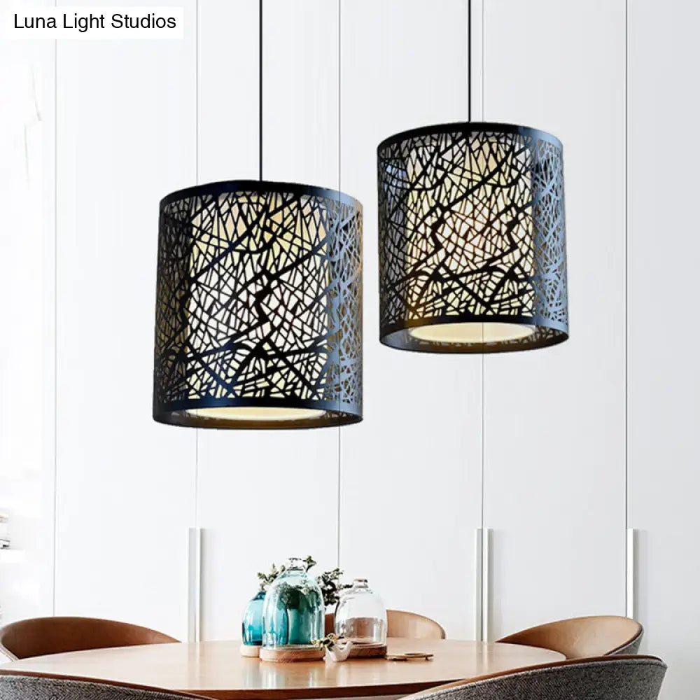 Modern Black Iron Drum Pendant Light With Etched Design - 1 Ceiling Hanging Fixture