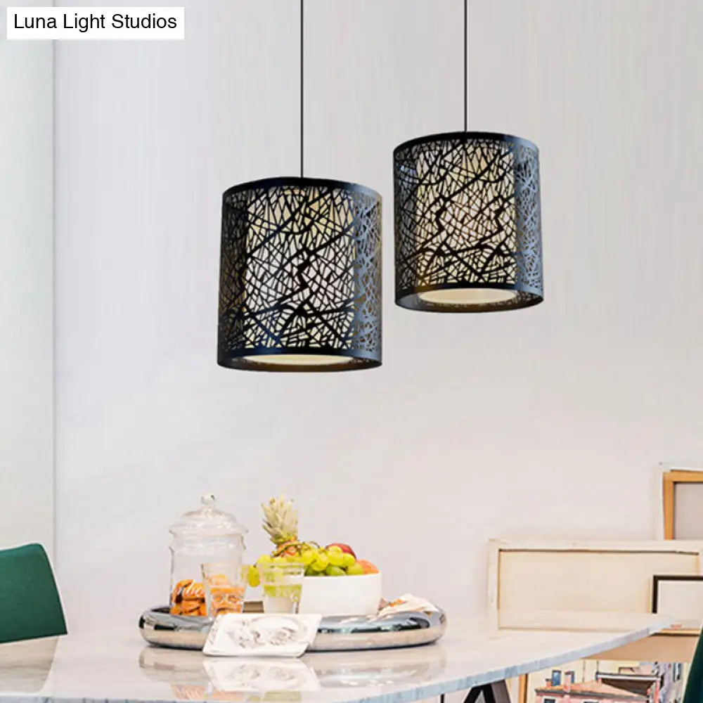 Modern Iron Drum Pendant Light With Etched Design - Black Shade