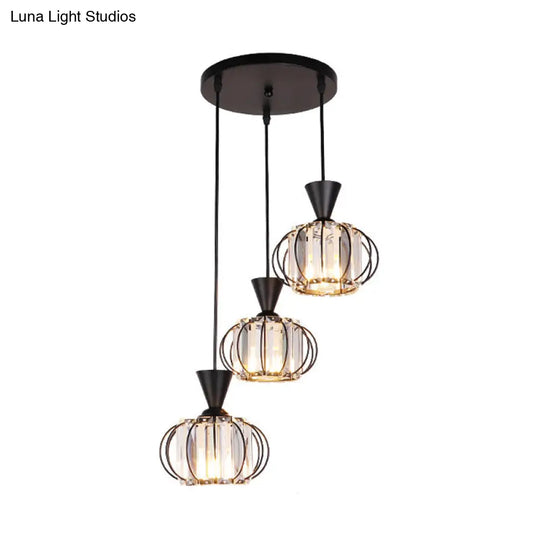 Modern Iron Ellipse Cage Ceiling Lamp With Crystal Prisms - 3-Bulb Black Finish Pendant