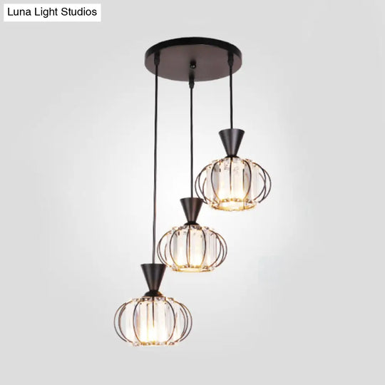 Modern Iron Ellipse Cage Ceiling Lamp With Crystal Prisms - 3-Bulb Black Finish Pendant