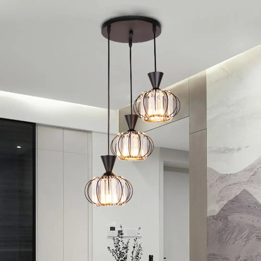 Modern Iron Ellipse Cage Ceiling Lamp With Crystal Prisms Shade - Black Finish 3-Bulb Pendant