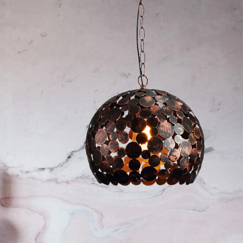 Modern Iron Hanging Pendant Lamp In Red Brown/White - Hollowed Out Dome Design Brown