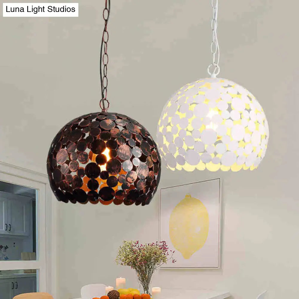 Dome Iron Hanging Light: Modern Pendant Lamp With Hollowed Out Design - 1 Bulb Red Brown/White White