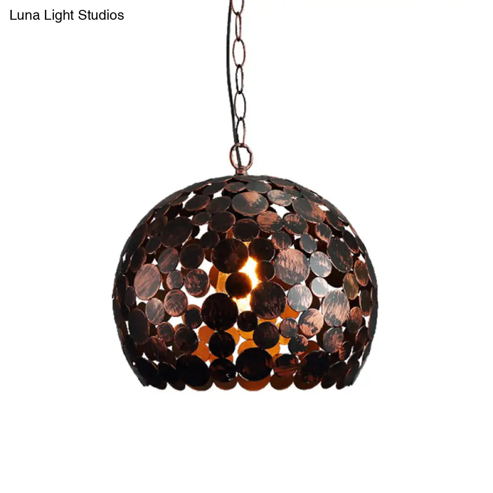 Modern Iron Hanging Pendant Lamp In Red Brown/White - Hollowed Out Dome Design