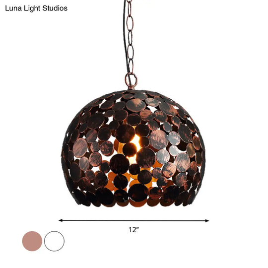 Modern Iron Hanging Pendant Lamp In Red Brown/White - Hollowed Out Dome Design