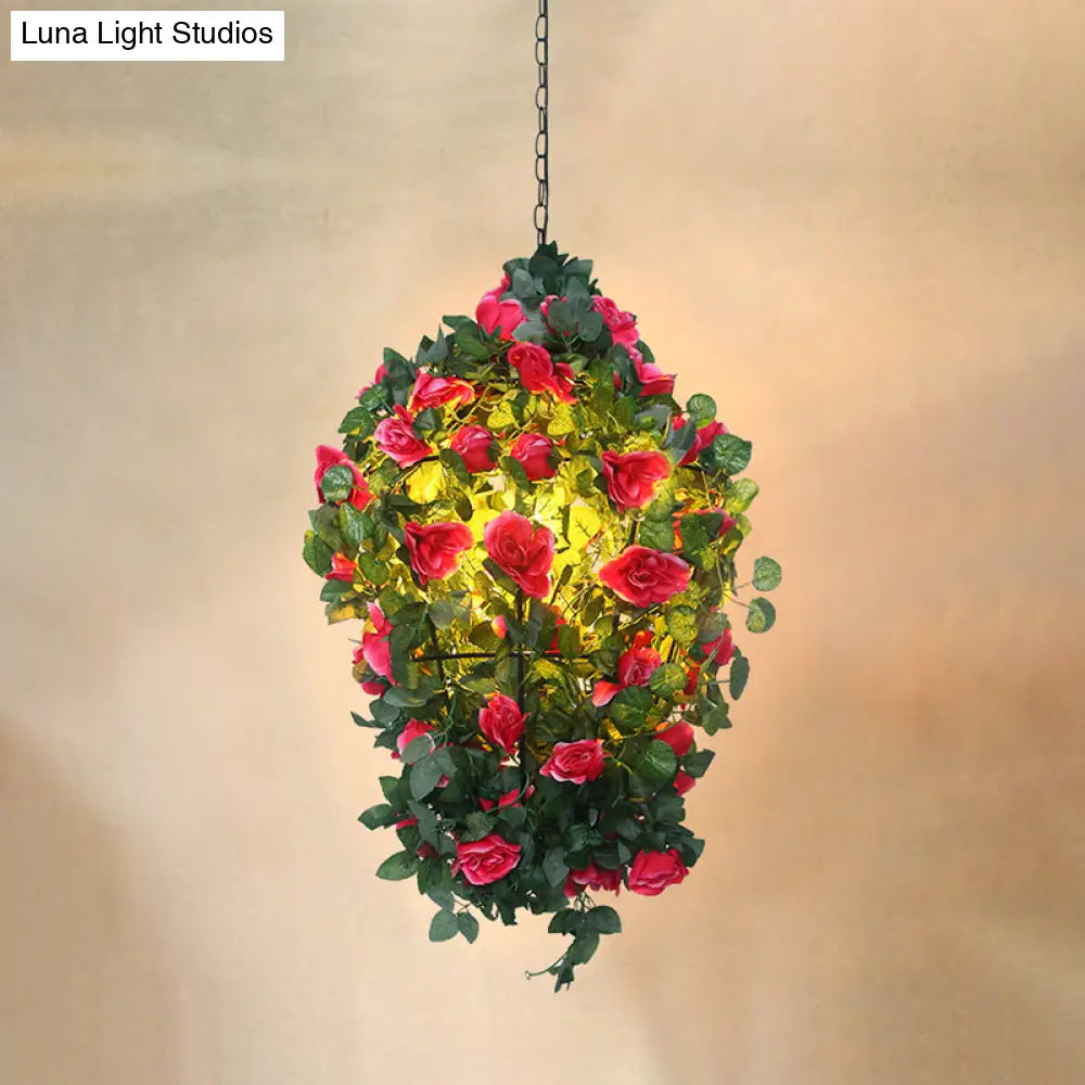 Modern Iron Pendant Lamp With Hanging Cone Cage Design And Flower Decor - Red/Blue Accent Bulb