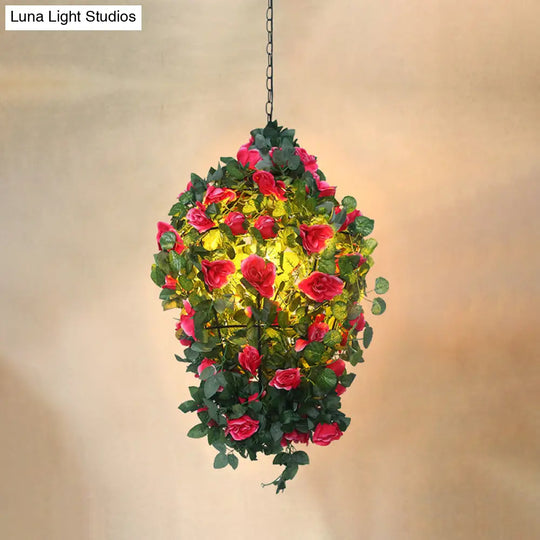 Modern Iron Pendant Lamp With Hanging Cone Cage Design And Flower Decor - Red/Blue Accent Bulb