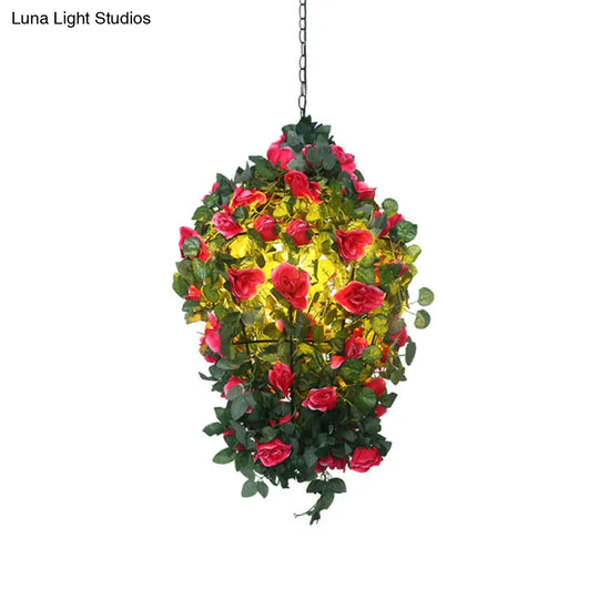 Iron Cone Restaurant Ceiling Pendant Lamp With Flower Decor - 1 Bulb Red/Blue