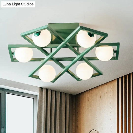 Modern Iron Semi Flush Ceiling Lamp With Globe White Glass Shade - Green 3/4/6-Head Macaron Design 6