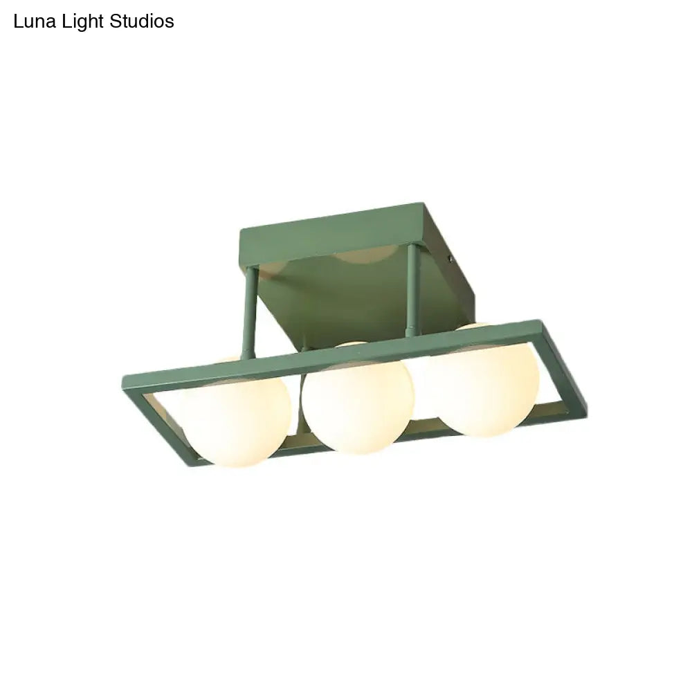 Modern Iron Semi Flush Ceiling Lamp With Globe White Glass Shade - Green 3/4/6-Head Macaron Design