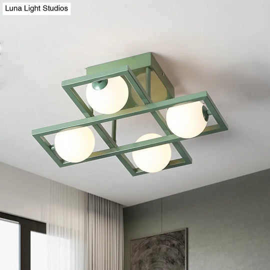 Modern Iron Semi Flush Ceiling Lamp With Globe White Glass Shade - Green 3/4/6-Head Macaron Design 4