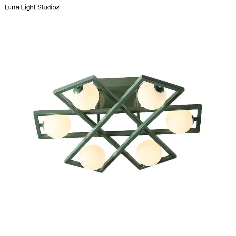 Modern Iron Semi Flush Ceiling Lamp With Globe White Glass Shade - Green 3/4/6 - Head Macaron Design