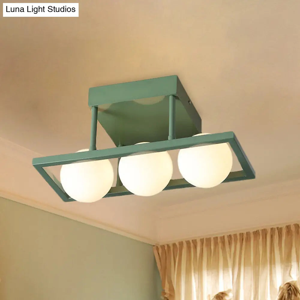 Modern Iron Semi Flush Ceiling Lamp With Globe White Glass Shade - Green 3/4/6-Head Macaron Design 3