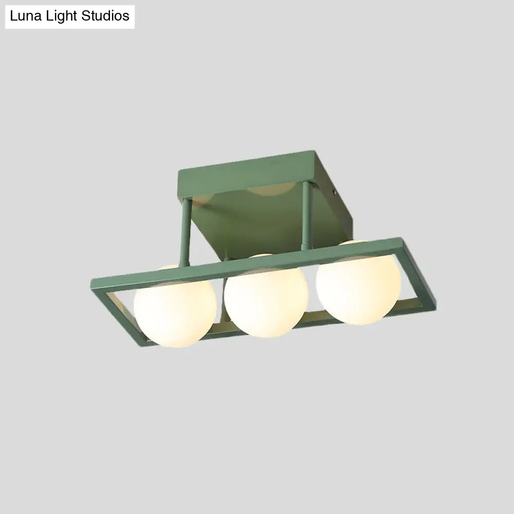 Modern Iron Semi Flush Ceiling Lamp With Globe White Glass Shade - Green 3/4/6 - Head Macaron Design