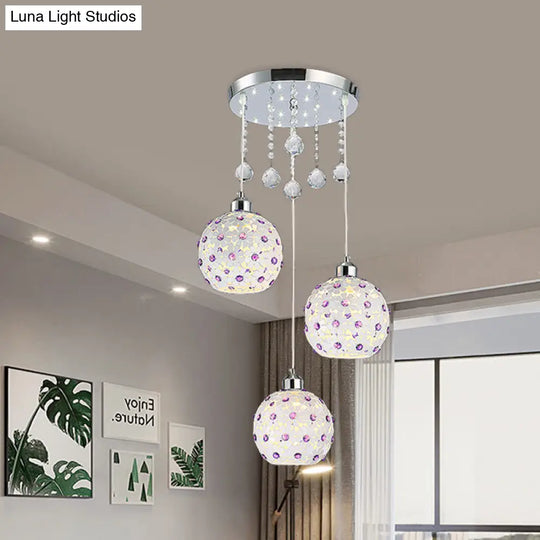 Modern Iron Multi-Pendant Ceiling Fixture With 3 Lights White Finish And Purple Crystal Bead Decor