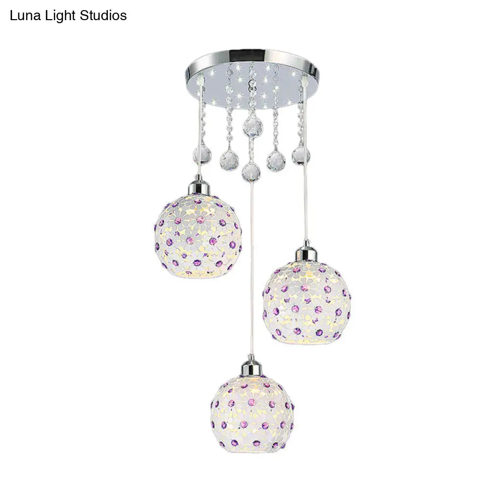 Modern Iron Multi-Pendant Ceiling Fixture With 3 Lights White Finish And Purple Crystal Bead Decor