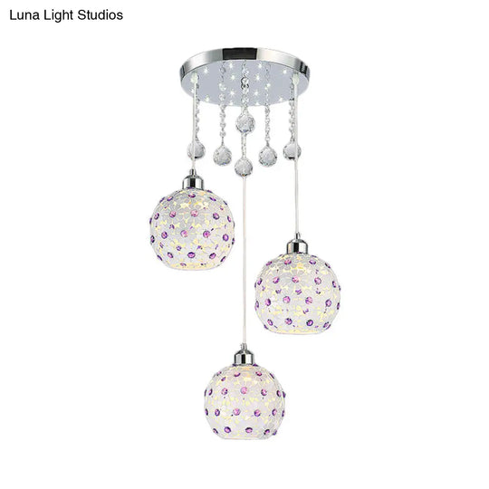 Modern Iron Multi-Pendant Ceiling Fixture With 3 Lights White Finish And Purple Crystal Bead Decor