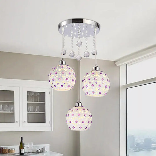 Modern Iron Sphere Multi-Pendant Ceiling Fixture With 3 Lights White Finish & Purple Crystal Bead