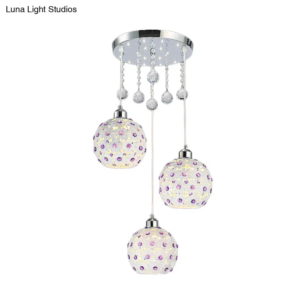 Modern Iron Sphere Multi-Pendant Ceiling Fixture With 3 Lights White Finish & Purple Crystal Bead