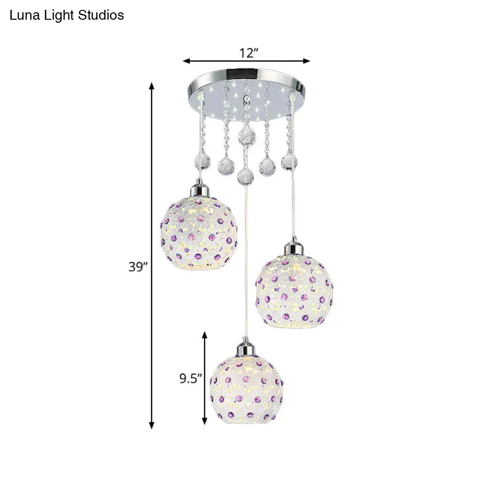 Modern Iron Multi-Pendant Ceiling Fixture With 3 Lights White Finish And Purple Crystal Bead Decor