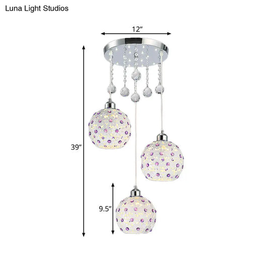 Modern Iron Multi-Pendant Ceiling Fixture With 3 Lights White Finish And Purple Crystal Bead Decor