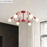 Modern Iron Spider Flush Mount Lamp - 6 Bulbs White/Red Semi Ceiling Light For Living Room
