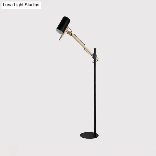 Modern Iron Swing Arm Floor Lamp - White/Black With Wood Tube Accent 1-Light Standing Light