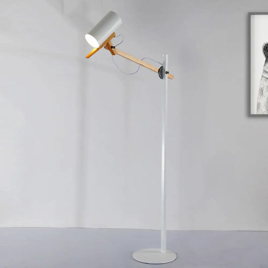 Modern Iron Swing Arm Floor Lamp - White/Black With Wood Tube Accent 1-Light Standing Light White