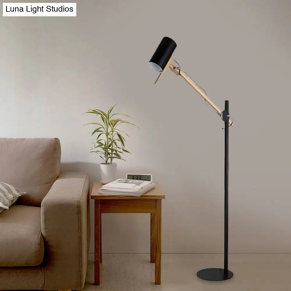 Modern Iron Swing Arm Floor Lamp - White/Black With Wood Tube Accent 1-Light Standing Light