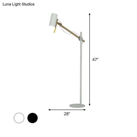 Modern Iron Swing Arm Floor Lamp - White/Black With Wood Tube Accent 1-Light Standing Light