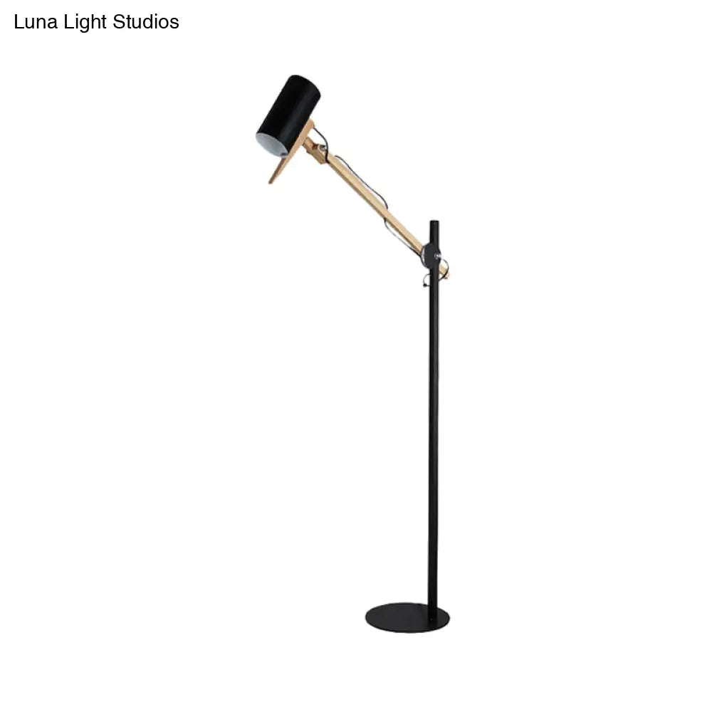 Modern Iron Swing Arm Floor Lamp - White/Black With Wood Tube Accent 1-Light Standing Light