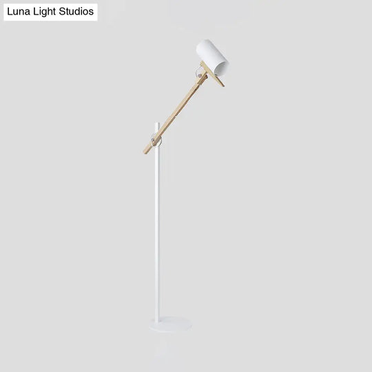 Modern Iron Swing Arm Floor Lamp - White/Black With Wood Tube Accent 1-Light Standing Light