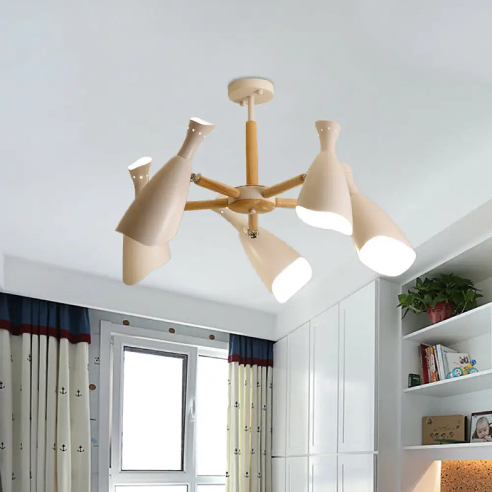 Modern Iron Wide Flare Semi Flush Mount Ceiling Light Fixture - White And Wood Finish (3/5 Heads