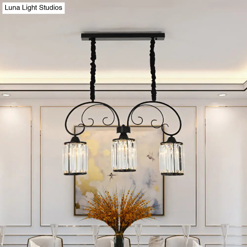 Modern Island Light - 3 Head Black Pendant With Clear Crystal Blocks And Scrolling Arm