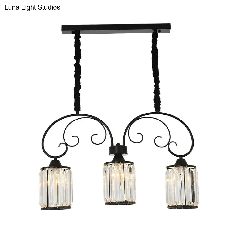 Modern Island Light - 3 Head Black Pendant With Clear Crystal Blocks And Scrolling Arm