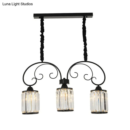 Modern Island Light - 3 Head Black Pendant With Clear Crystal Blocks And Scrolling Arm